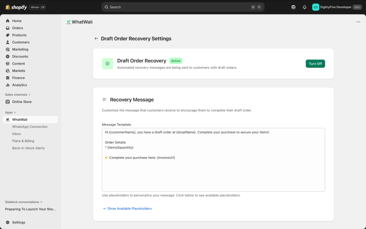 Draft Order Recovery Settings
