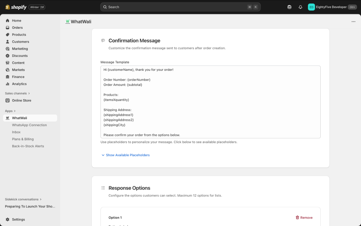 Order Confirmation Settings